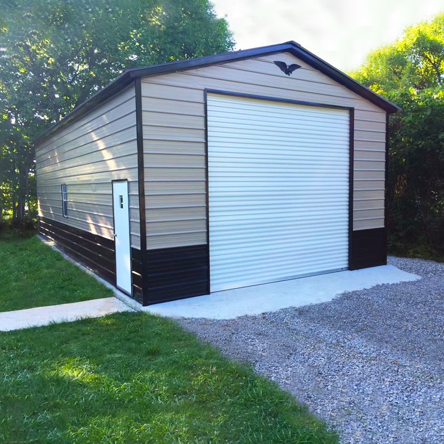 Metal barn shed by Silverline Structures featuring a single-car garage design with a durable, weather-resistant exterior, perfect for storage and utility needs.