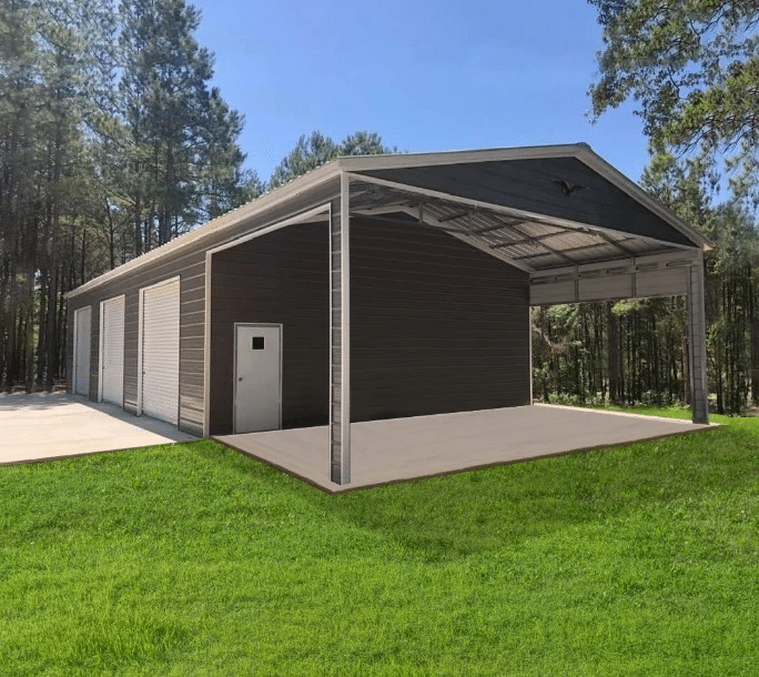 Prefabricated metal garage by Silverline Structures with combo garage carport, brown finish, and side door, surrounded by greenery
